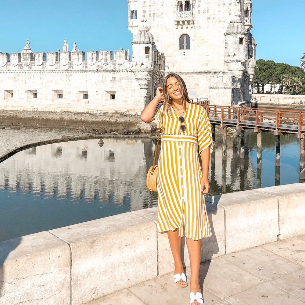 Mustard Striped Midi Dress
